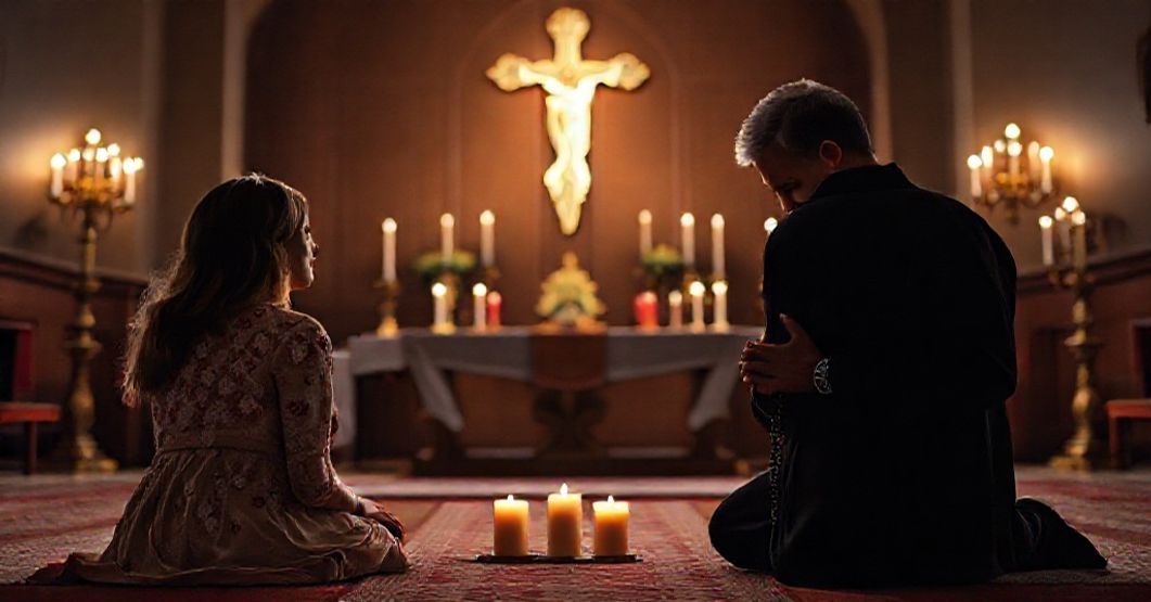 A Catholic family praying at an altar, symbolizing parental rights and rejection of judicial bypass in abortion laws