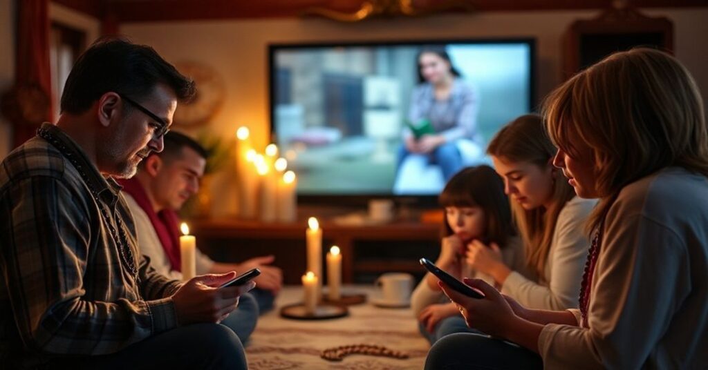 Catholic family praying the Rosary in their home, rejecting social media distraction for spiritual devotion.