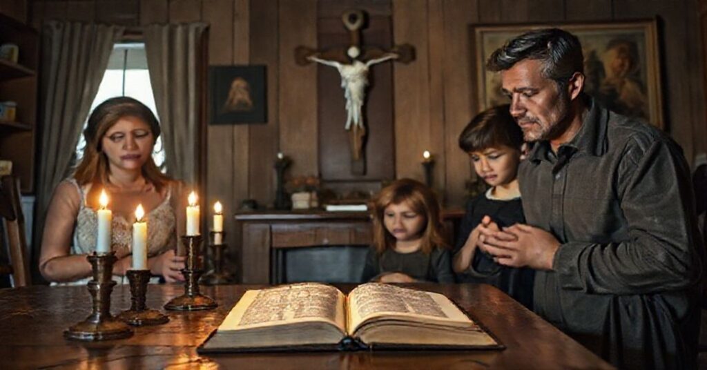 A Catholic family kneeling in prayer in a Texas home, emphasizing parental duty and divine guidance over secular laws.