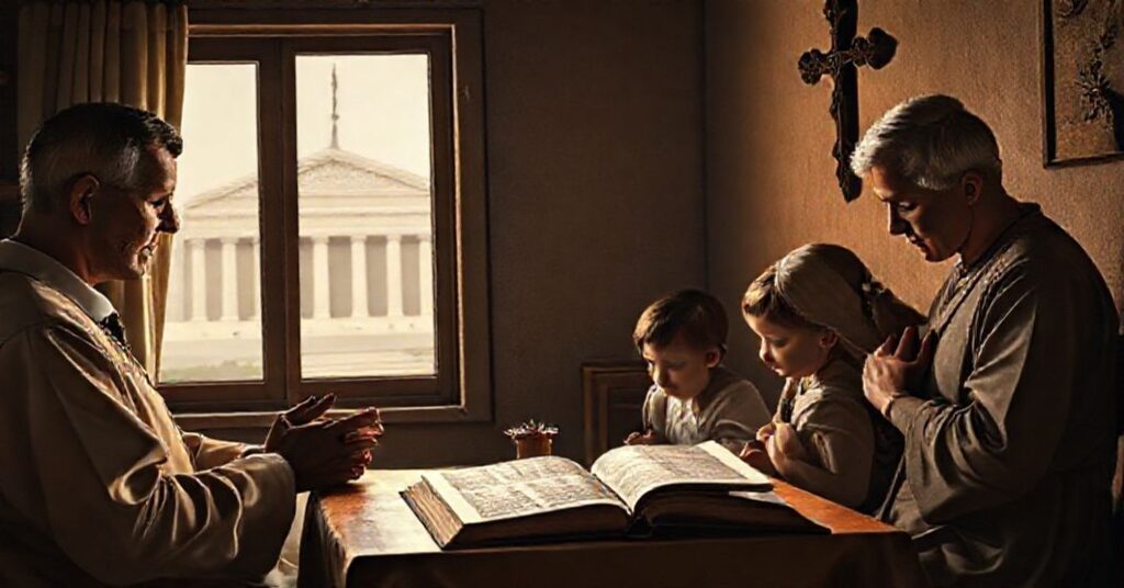 A traditional Catholic family praying together at home with an open Bible and crucifix, symbolizing the sacred nature of marriage against secular opposition.