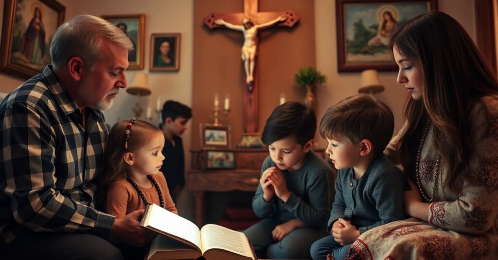 A Catholic family praying before a crucifix, symbolizing the spiritual battle against social media's harmful influence and the need for parental guidance over state control.