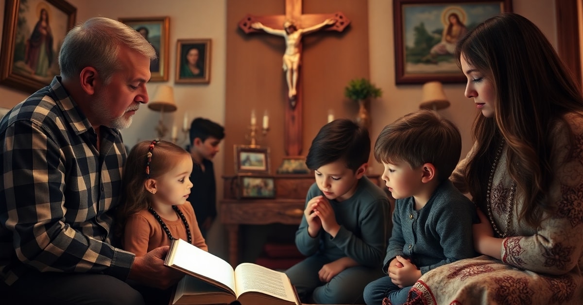 A Catholic family praying before a crucifix, symbolizing the spiritual battle against social media's harmful influence and the need for parental guidance over state control.