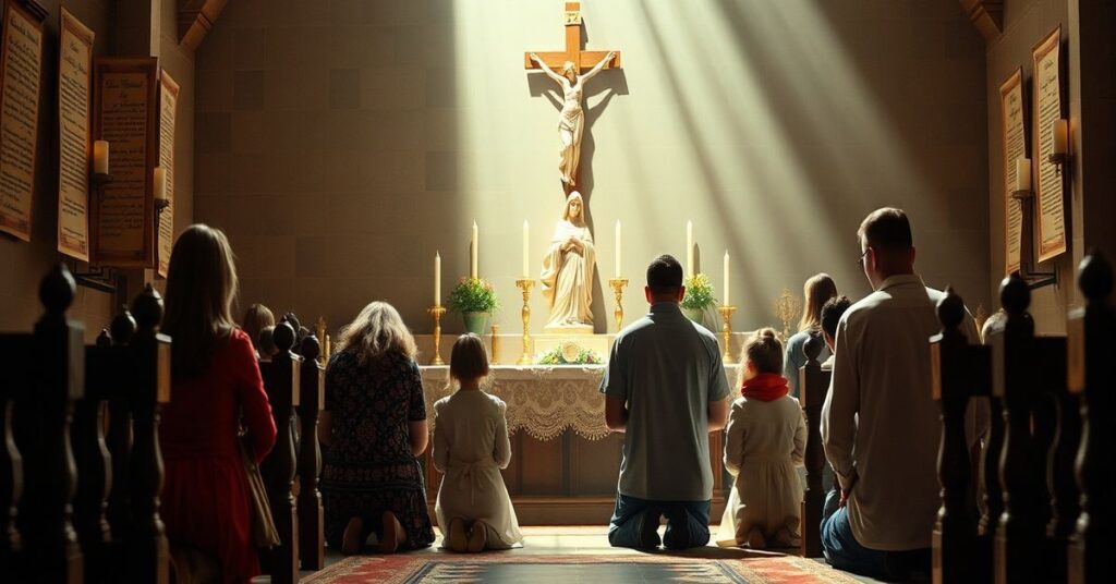 A Catholic family praying before an altar, highlighting parental duties in the context of faith and divine law.