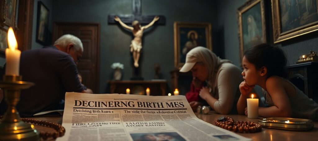 A Catholic family praying in front of a crucifix with a newspaper about declining birth rates in the background.