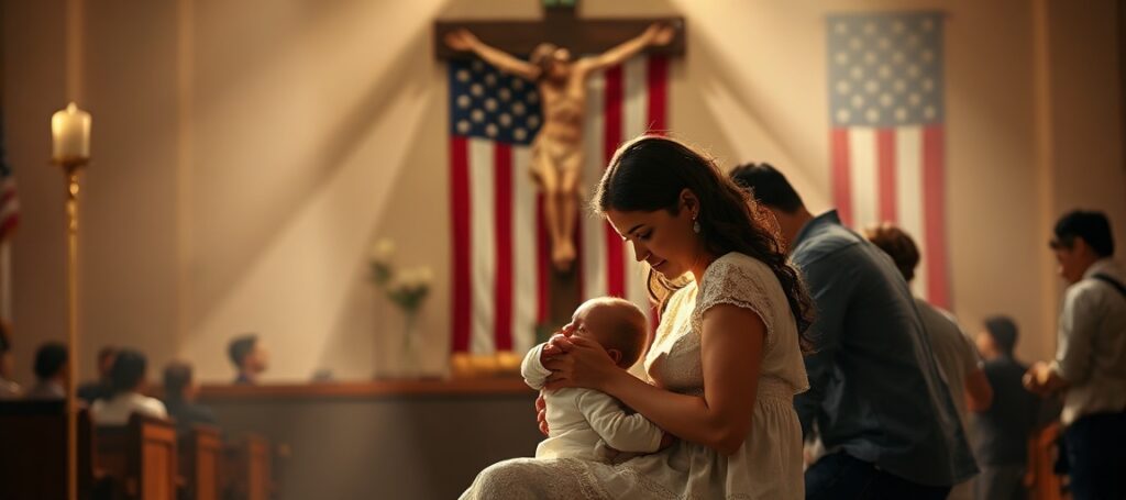 A Catholic family praying before a crucifix symbolizing the sanctity of life amidst U.S. demographic decline.