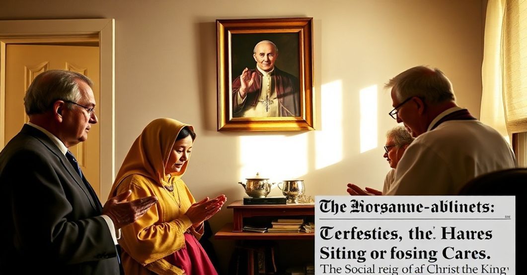 A Catholic family praying in a traditional home with a portrait of Pope Pius XI, symbolizing faithful resistance to ideological subversion in foster care policies.