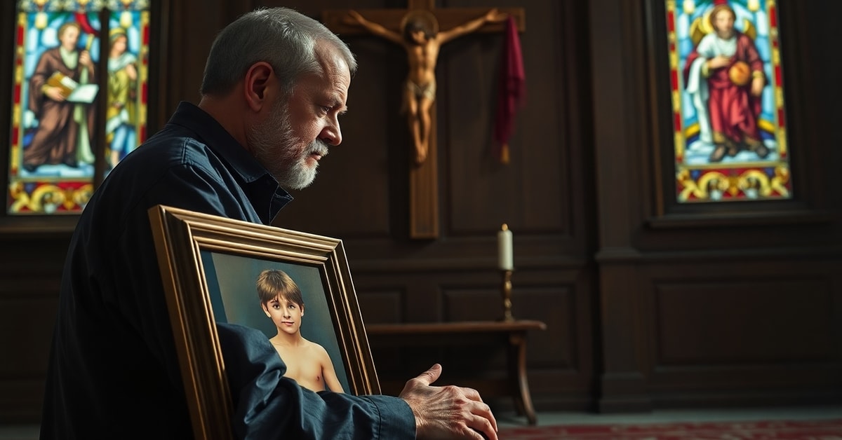 The Eternal Consequences of Abortion: A Father's Prayer A Catholic father kneels in prayer before a crucifix, holding a photo of his son with Down syndrome in a solemn chapel.