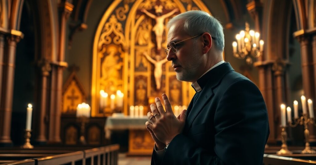 A devout Catholic father in prayer during Traditional Latin Mass symbolizing authentic Catholic masculinity and rejection of modernized faith