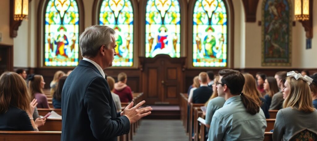 A traditional Catholic chapel setting where Mark Harrington teaches financial stewardship to students, emphasizing the primacy of supernatural principles.