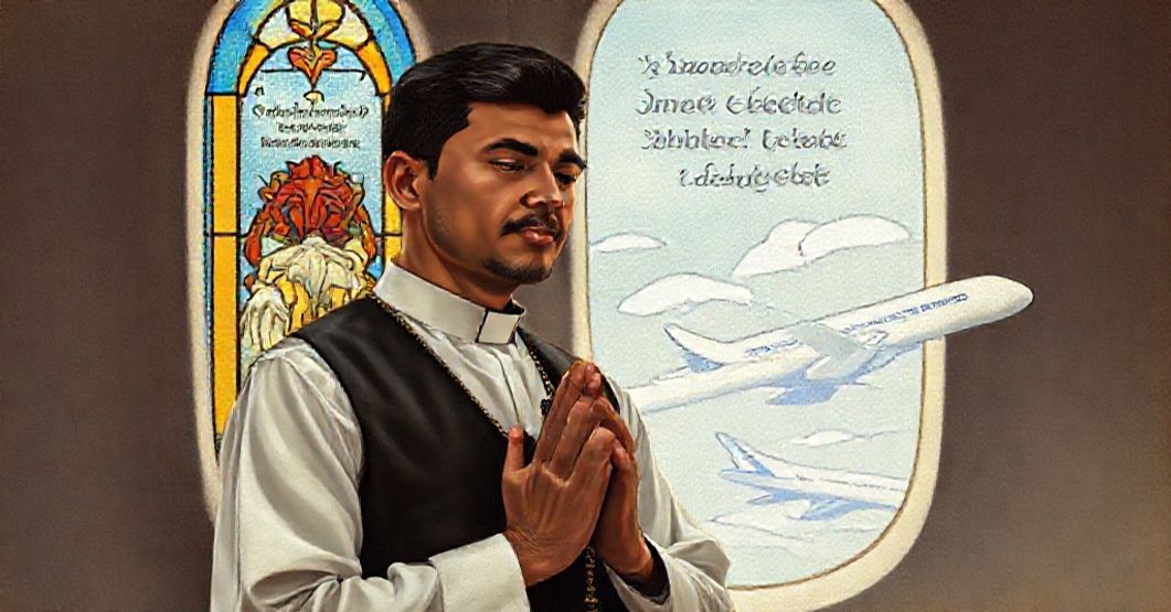 Flight attendant Ruben Sanchez in traditional Catholic attire holding a rosary before a stained-glass window with Catholic marriage teachings.