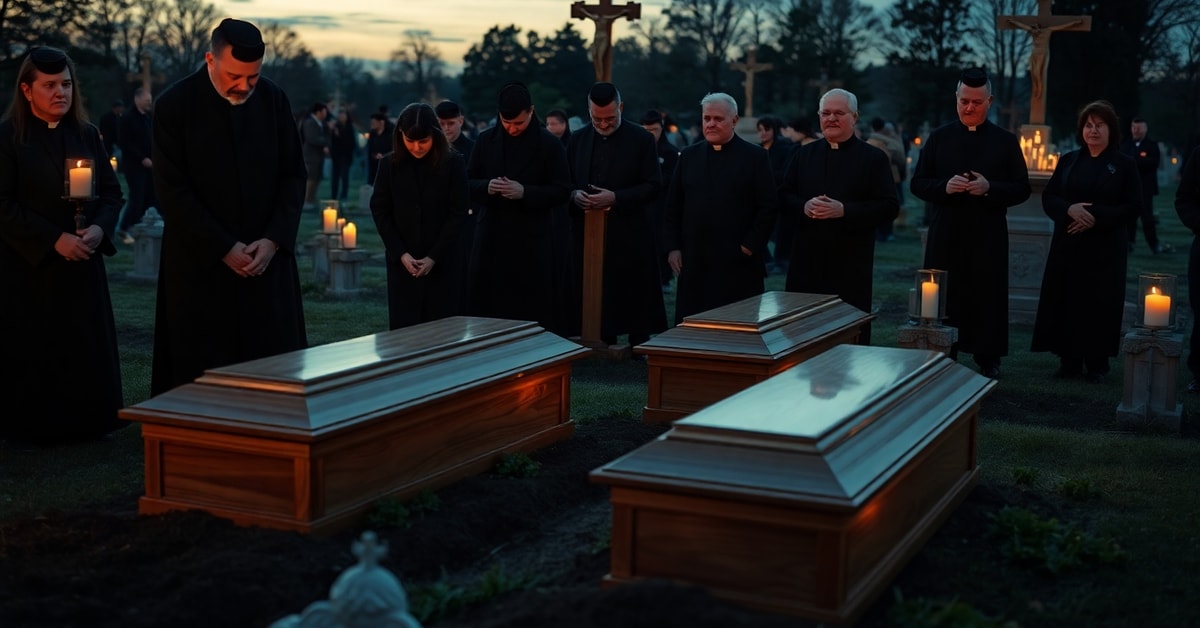 Natural Heroism Without Supernatural Faith: A Catholic Critique of Carnegie Medal Recipients Catholic funeral scene for Opus Dei members Matt Anthony and Matt Schoenecker with grieving family and priests, symbolizing natural heroism without supernatural faith