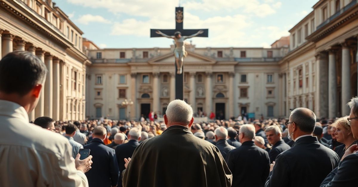 A traditional Catholic gathering in St. Peter's Square with a priest in cassock and congregants praying, symbolizing the Social Kingship of Christ.