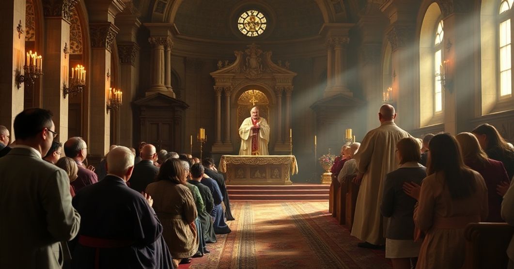 Traditional Catholic gathering in a church with Antipope Leo XIV delivering a sermon, highlighting themes of apostasy and theological error.