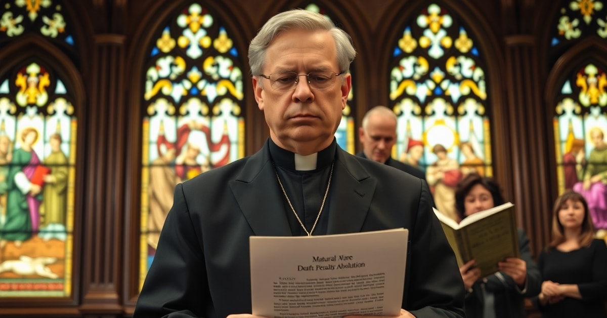 Catholic Governor Mike DeWine in a church setting with documents on death penalty abolition, highlighting conflict between modernist relativism and traditional Catholic teaching.