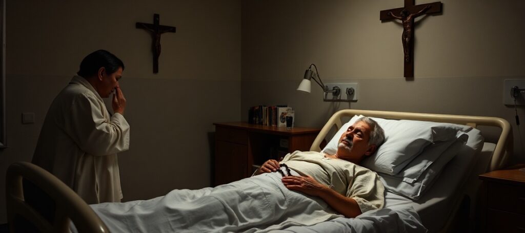 A Catholic hospital room with a dying man receiving the anointing of the sick by a priest, his wife praying beside him. The scene reflects the importance of objective faith over subjective experiences.