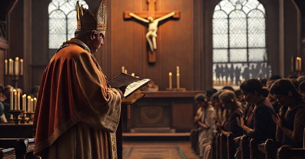 The Crisis of Immigration Policy Through a Catholic Lens A solemn Catholic bishop stands before a pulpit with a crucifix and candles, addressing a group of faithful kneeling in prayer. A distant border fence with migrants is visible through a church window.