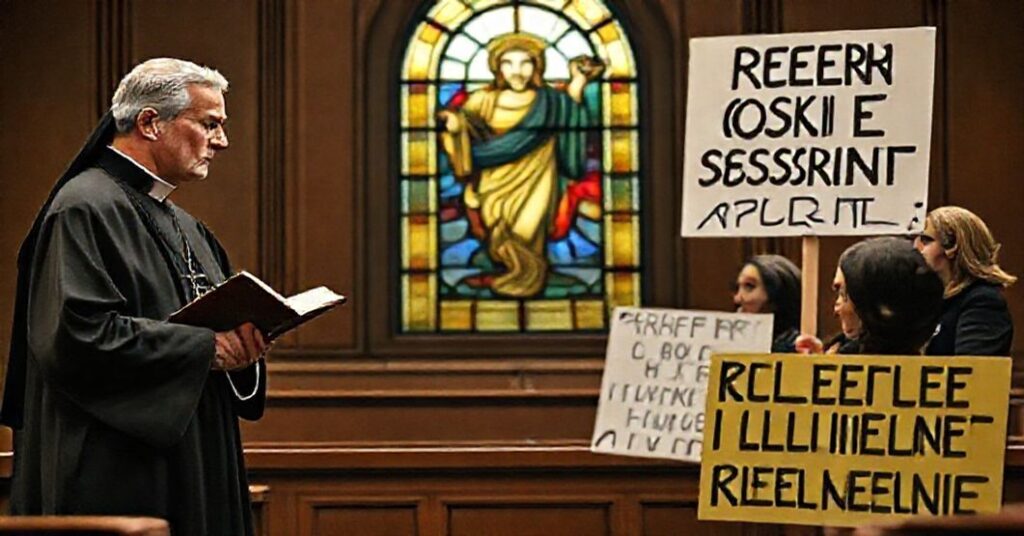 A Catholic priest in traditional attire stands solemnly before a courtroom with Sister Helen Prejean and secular activists discussing death penalty abolition, juxtaposed with a stained glass window of Christ the King.