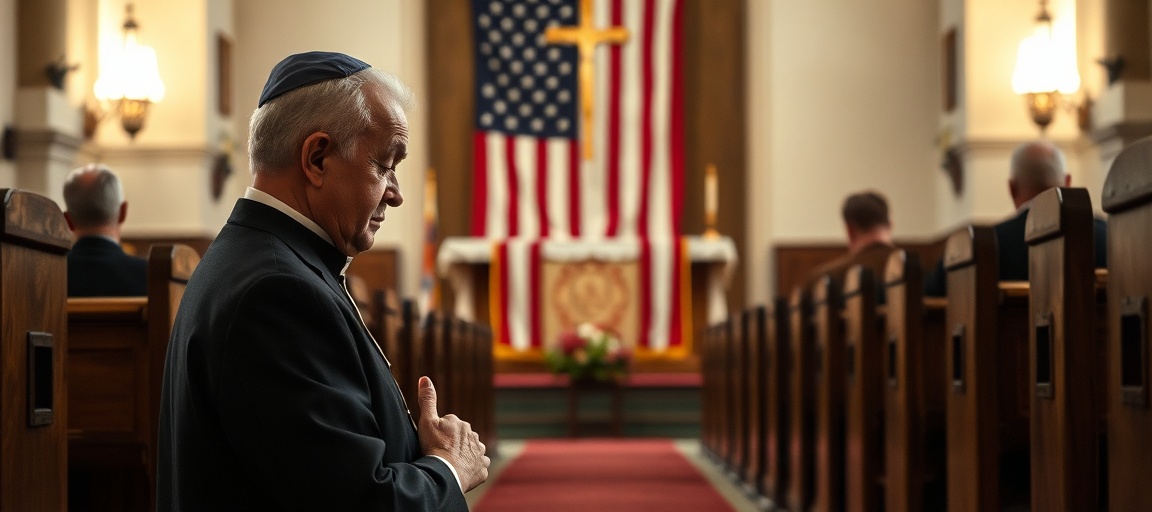 Catholic Kneeling in Prayer Before Flag-Draped Altar – Sedevacantist Perspective on Americanism A devout Catholic kneels in prayer before an altar draped with an American flag in a traditional church setting, symbolizing the conflict between true faith and Masonic nationalism as discussed in sedevacantist critiques.
