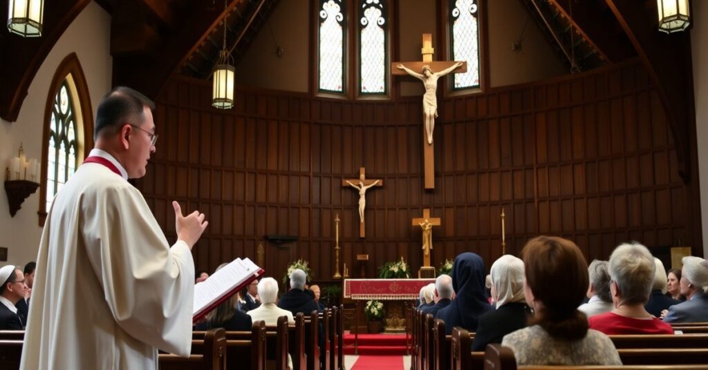 A Catholic lecture on AI ethics in a traditional church setting with Fr. James Bank Jong-woo and religious women reflecting on faith and technology.