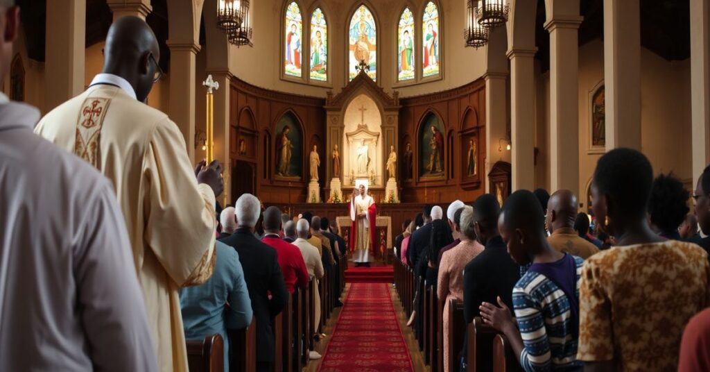 A reverent Catholic mass in an African church, emphasizing the Social Reign of Christ the King and the necessity of the sacraments.
