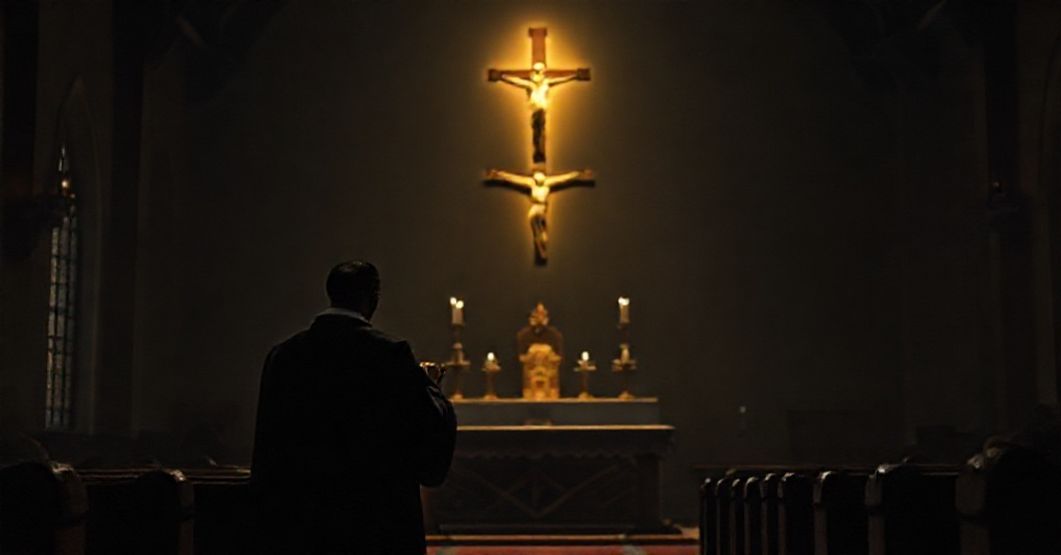 A traditional Catholic priest offering Mass for the souls in Purgatory, with distant images of Sudan and Tanzania symbolizing global conflicts and the need for divine intervention.