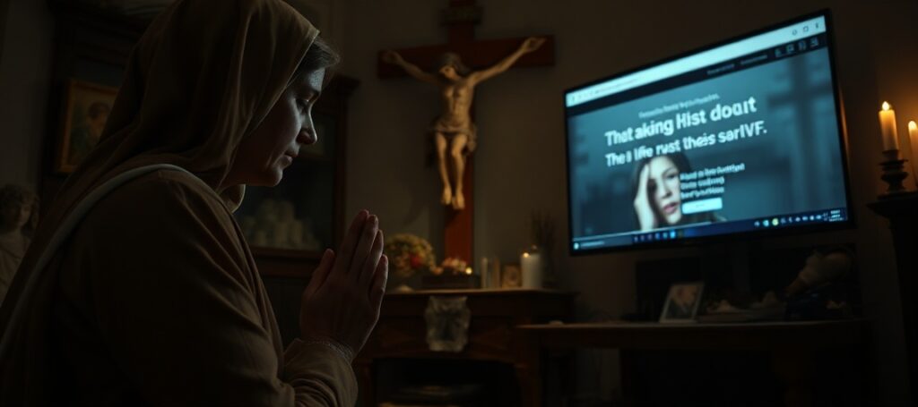 A Catholic mother praying before a crucifix while a government website promotes life-affirming resources alongside IVF expansion.