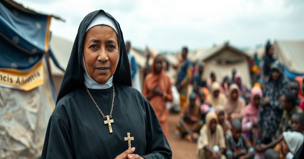 Traditional Catholic nun in full habit stands resolutely in a Nigerian IDP camp, holding a rosary and crucifix amidst displaced persons.