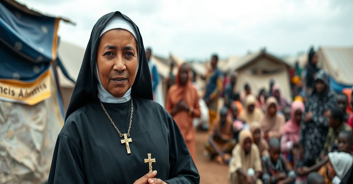Catholic Nun in Nigerian IDP Camp Traditional Catholic nun in full habit stands resolutely in a Nigerian IDP camp, holding a rosary and crucifix amidst displaced persons.