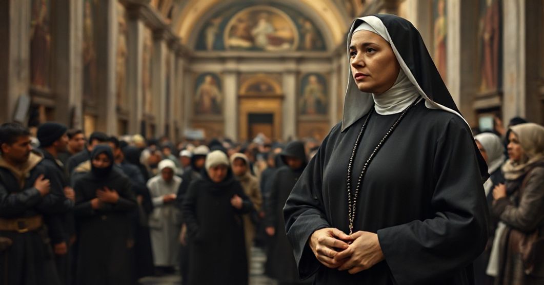 A Catholic nun in traditional habit stands solemnly in a dimly lit Vatican hall, holding a rosary, gazing toward migrants in an urban setting, symbolizing spiritual conflict and apostasy.