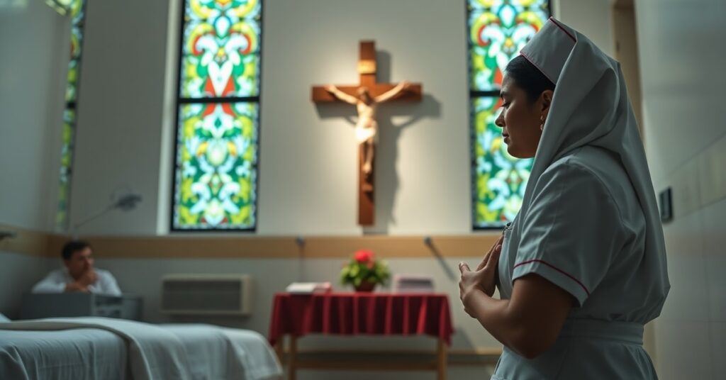 Catholic nurse Carmen Molina in prayer at Madrid's Child Jesus Hospital chapel with terminally ill children and families