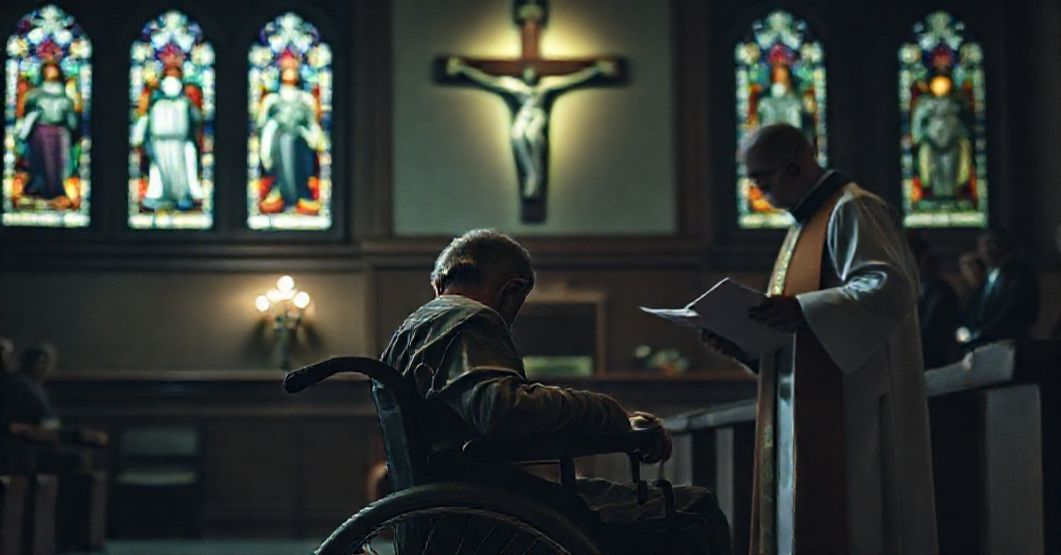 A disabled man in a wheelchair prays before a crucifix as a priest offers comfort in a courtroom setting.
