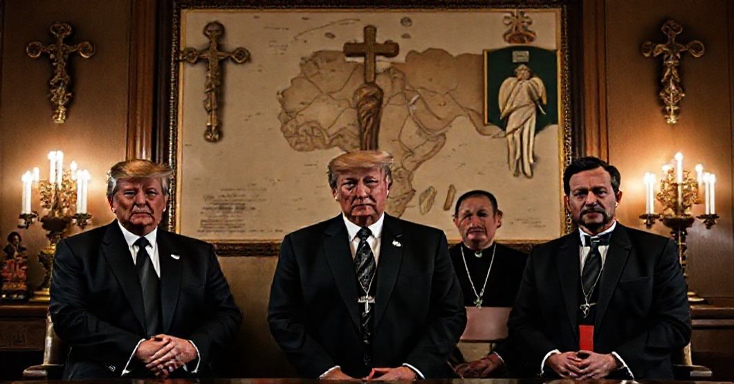 Donald Trump, Chris Smith, Josh Hawley, and Marlin Stutzman in a solemn setting with Catholic iconography discussing sanctions against Nigeria for Christian persecution.