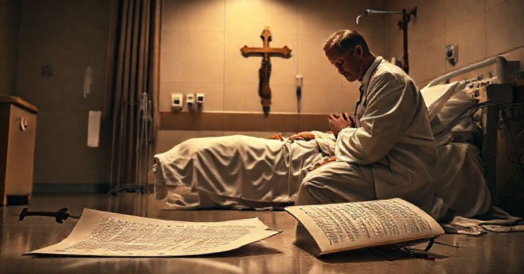 Traditional Catholic physician in prayer beside a dying patient, contrasting with discarded AI ethics document.