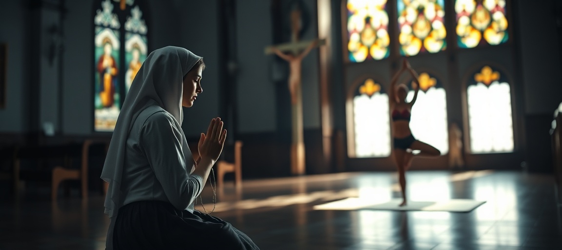 Catholic Piety vs. Yoga Idolatry: The Scandal of Conciliar Syncretism A Catholic woman in prayer contrasted with yoga idolatry – reveals the demonic deception of yoga and its incompatibility with Christian faith
