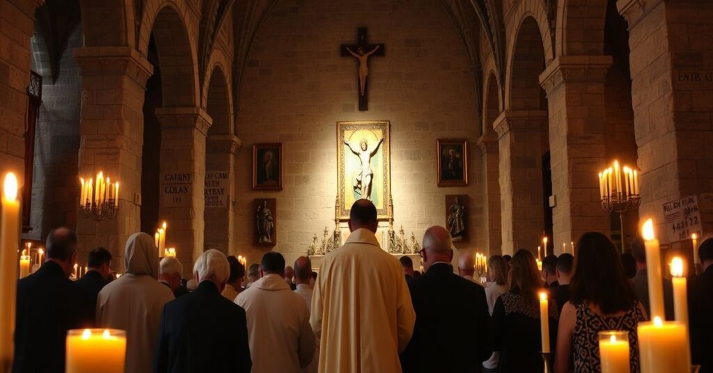 Traditional Catholic pilgrims praying at the Church of the Holy Sepulchre during a Tridentine Mass.