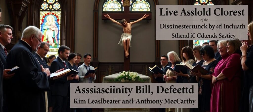 A Catholic priest and laity pray in a church against the defeat of an assisted-suicide bill.