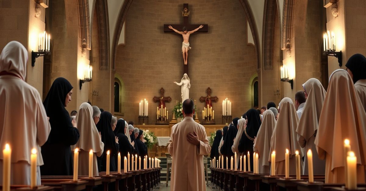 A group of faithful Catholics, including a priest and nuns in traditional habits, kneel in prayer in a reverent church setting with a large crucifix and statues of saints.