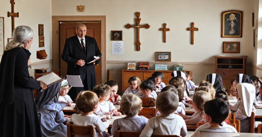 Catholic preschool teachers and children in a traditional classroom setting with religious icons and a stern state official at the door.