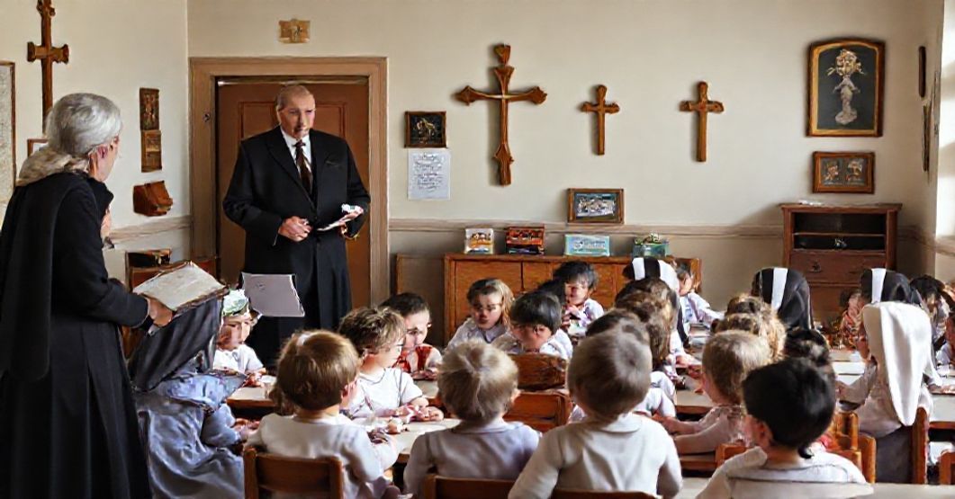 Catholic Preschool Teachers and Children in Traditional Classroom Catholic preschool teachers and children in a traditional classroom setting with religious icons and a stern state official at the door.