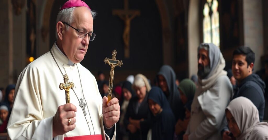 A solemn Catholic priest holding a crucifix addresses distressed immigrants in a dark church interior.