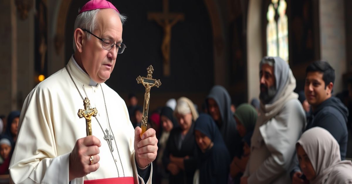 A solemn Catholic priest holding a crucifix addresses distressed immigrants in a dark church interior.