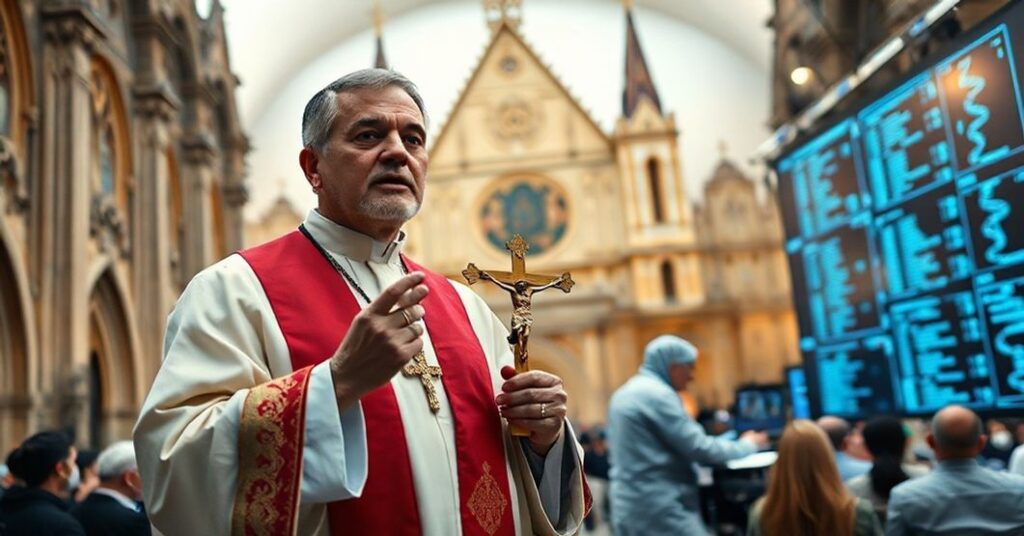 A Catholic priest in traditional vestments stands solemnly before a cathedral, holding a crucifix while addressing a crowd about transhumanism and faith.