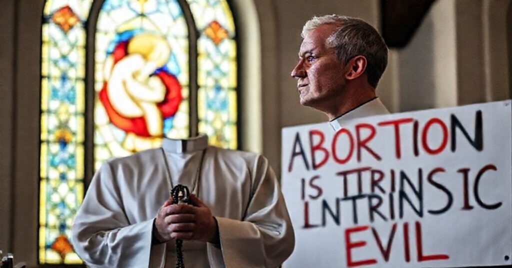 Catholic priest in traditional church holding rosary with sign 'Abortion is Intrinsic Evil' and stained-glass window of unborn child.