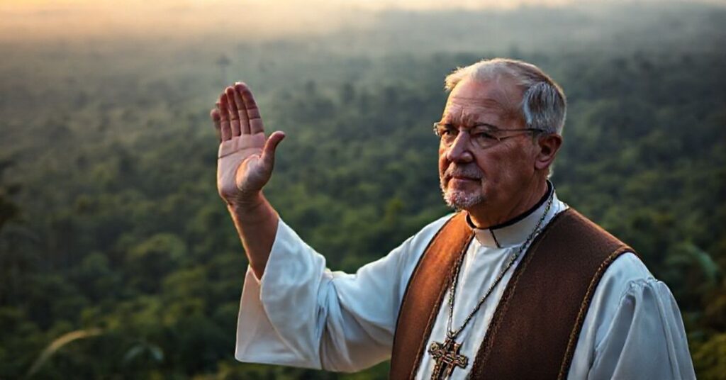 Catholic priest blessing the Amazon rainforest at dawn with a crucifix visible in the distance.