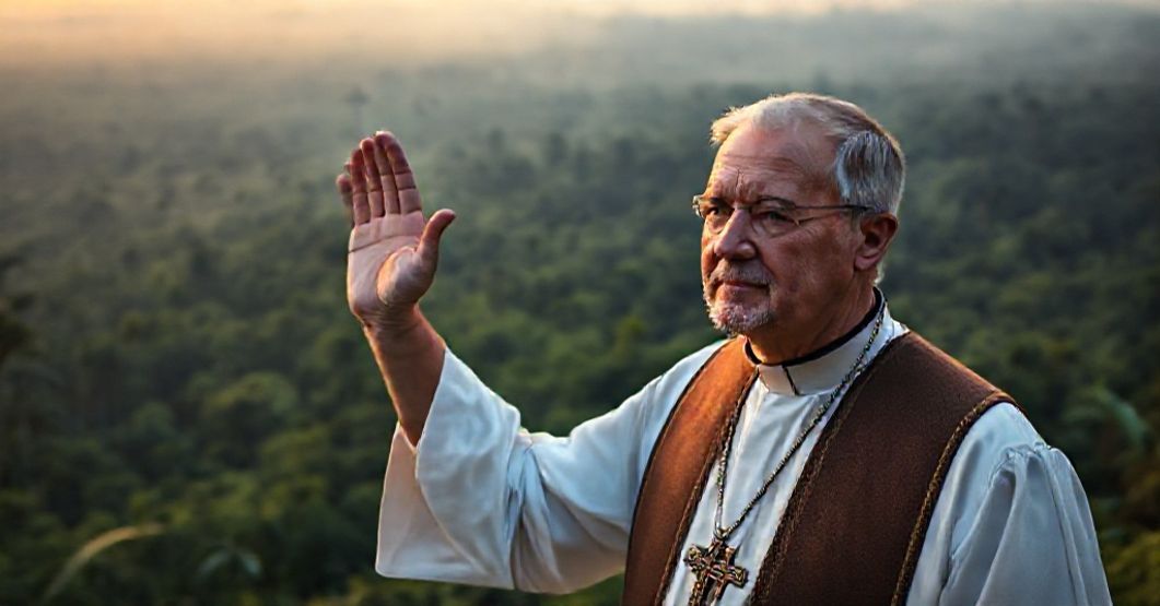 Catholic Priest Honors God's Creation in the Amazon Catholic priest blessing the Amazon rainforest at dawn with a crucifix visible in the distance.