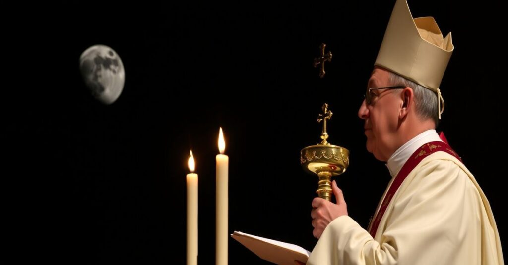 A solemn Catholic priest in traditional vestments holding the Blessed Sacrament at an altar with the moonlit sky and Artemis II spacecraft in the background.