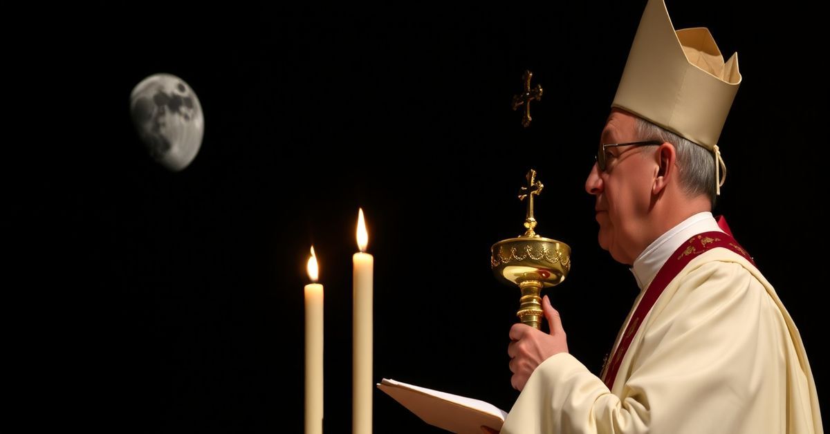 A solemn Catholic priest in traditional vestments holding the Blessed Sacrament at an altar with the moonlit sky and Artemis II spacecraft in the background.