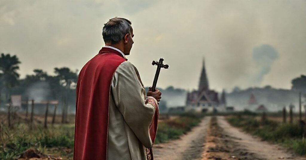 A Catholic priest in traditional vestments stands solemnly at the Thai-Cambodian border, holding a crucifix amid conflict, symbolizing the absence of Christ's kingship in modern diplomacy.