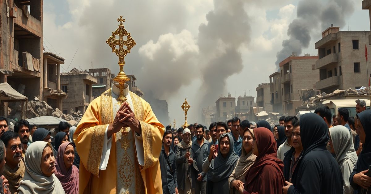 Catholic priest in traditional vestments holding the Blessed Sacrament amidst refugees in war-torn Lebanon, 2026.