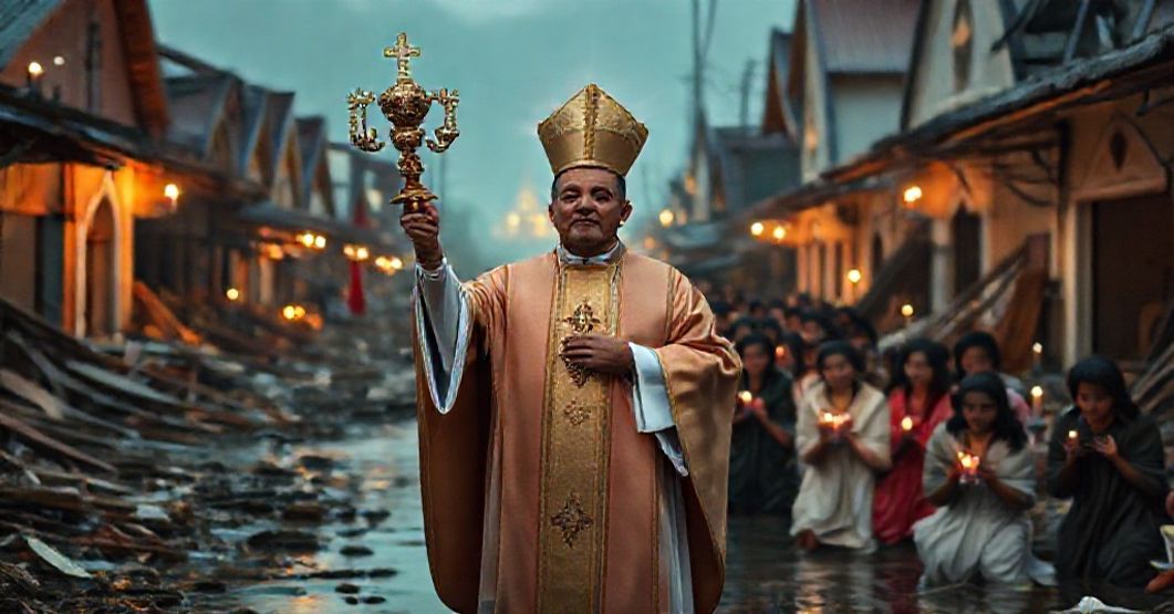 A Catholic priest in traditional vestments holds the Blessed Sacrament in a typhoon-devastated village, surrounded by penitent faithful kneeling in prayer.